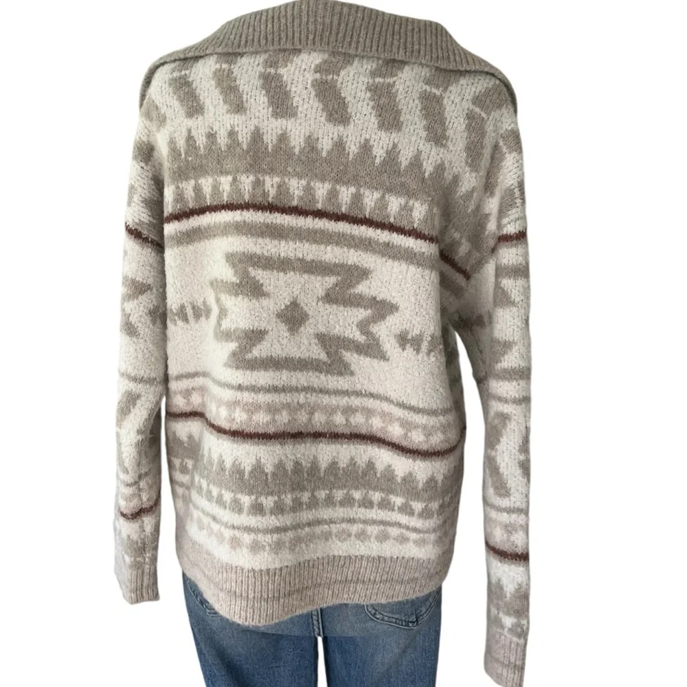 Knox Rose Aztec fair isle button pullover sweater taupe white black S - Picture 5 of 11